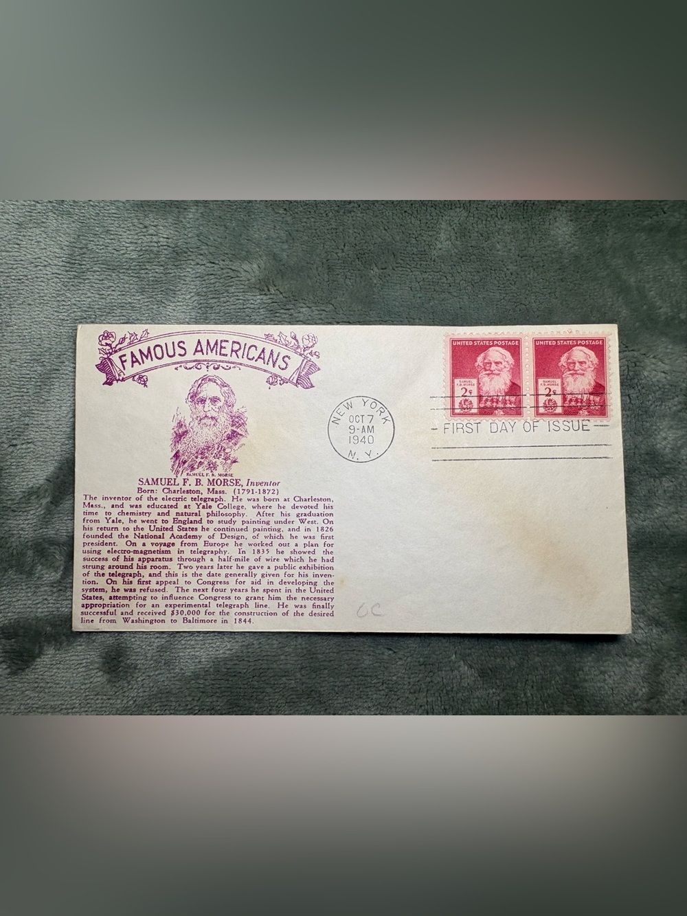 1940 Samuel Morse 2¢ Famous Americans First Day Cover Pair – New York FDC